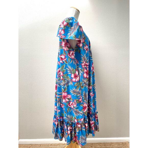 Vintage Hawaiian Muumuu Royal Hawaiian Blue Floral Midi Dress Women's Large - Picture 10 of 11